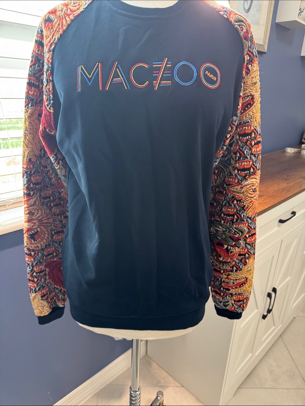 Maceoo men's graphic luxe raglan pullover with colorful patterned/wolf-inspired